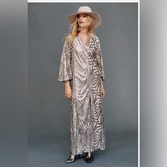 NWT | Free People x Anna Sui Sequin Embroidered Silver Front Slit Maxi Dress XS - Picture 5 of 15